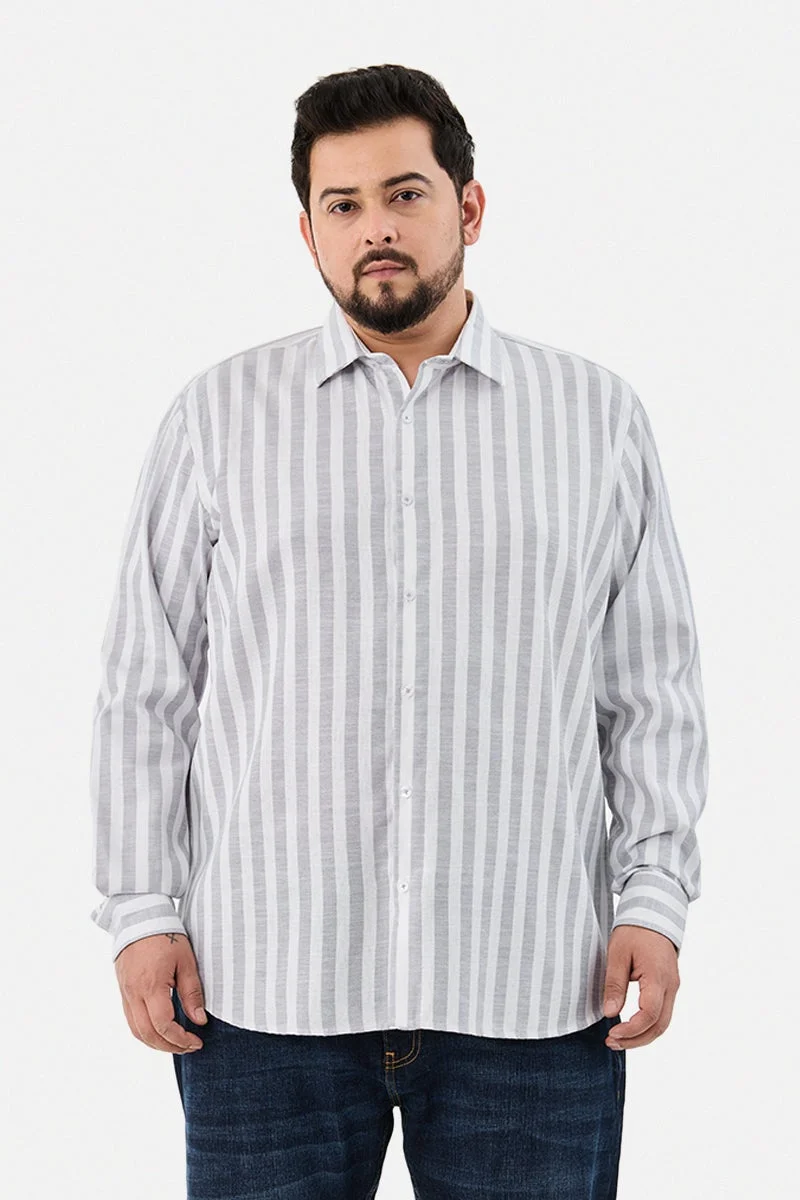 سنيتش White Striped Long Sleeve Regular Fit Plus Size Shirt