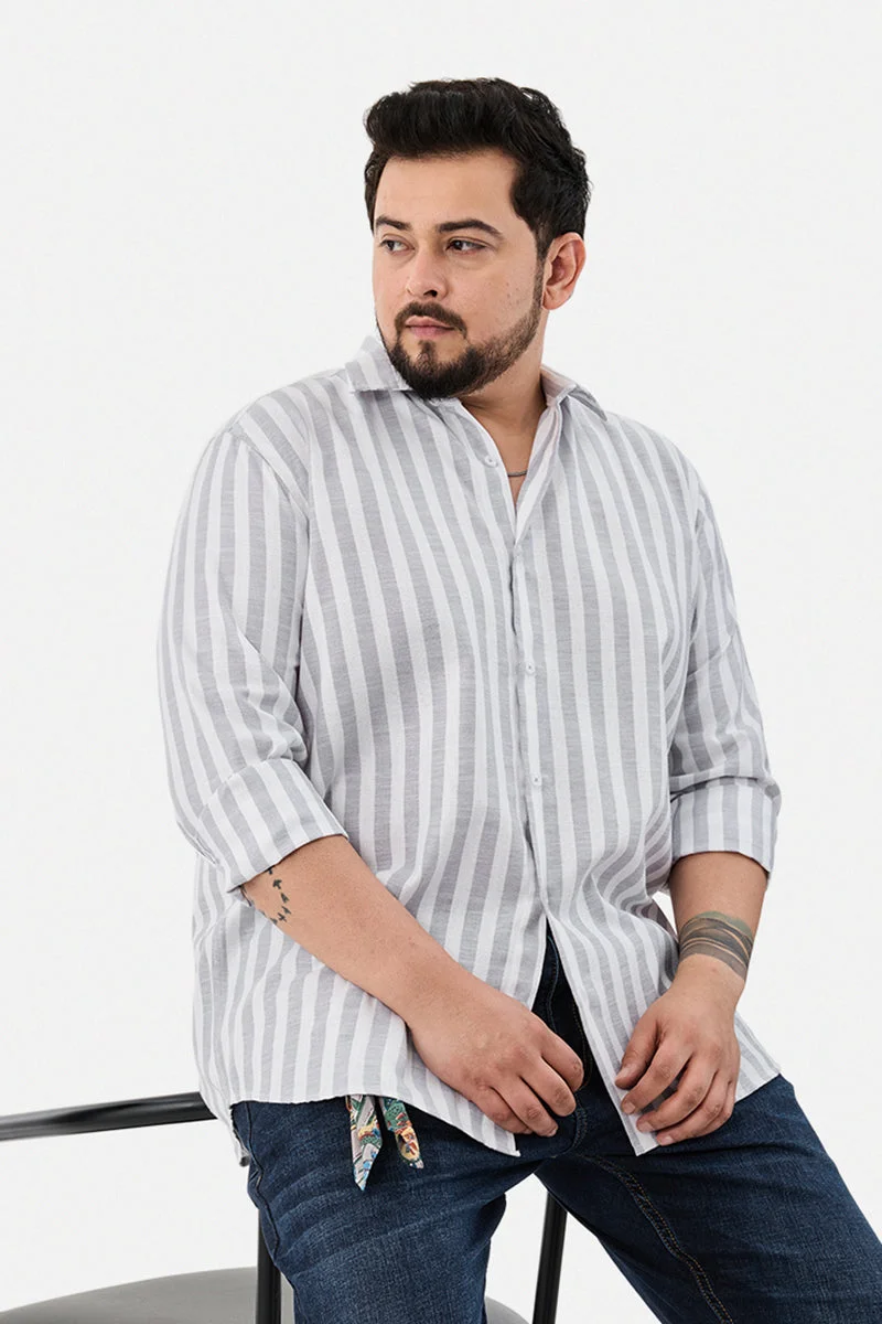 سنيتش White Striped Long Sleeve Regular Fit Plus Size Shirt