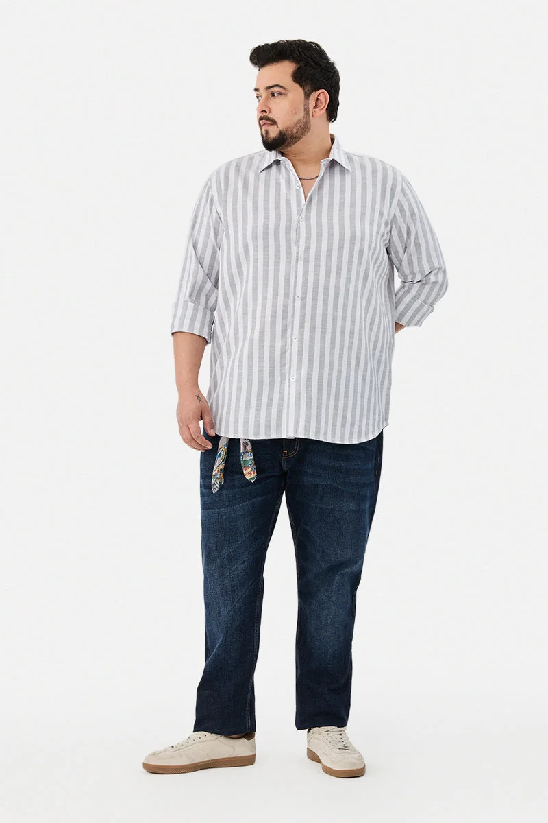 سنيتش White Striped Long Sleeve Regular Fit Plus Size Shirt