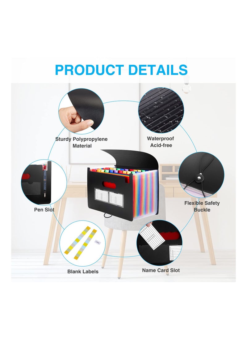 SYOSI - 24 Pockets Expanding File Organizer with Blank Labels, MAKINGTEC Expanding Filling Box Letter A4 Size/Expandable File Folder/Plastic Accordion Paper Document Paper Bill Receipt Organizer (Black) - Image 1