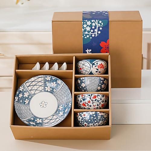 ONICORN 10 Piece Ceramic Dinnerware Set-Colorful Flower Porcelain Plates,Bowls & Spoons Tableware Sets-Ideal for Soup,Pasta,Salad and Dal Rice-Beautiful Gift Box,Dinner Set-E,Multicolor - Image 1