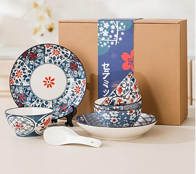 ONICORN 10 Piece Ceramic Dinnerware Set-Colorful Flower Porcelain Plates,Bowls & Spoons Tableware Sets-Ideal for Soup,Pasta,Salad and Dal Rice-Beautiful Gift Box,Dinner Set-E,Multicolor - Image 4