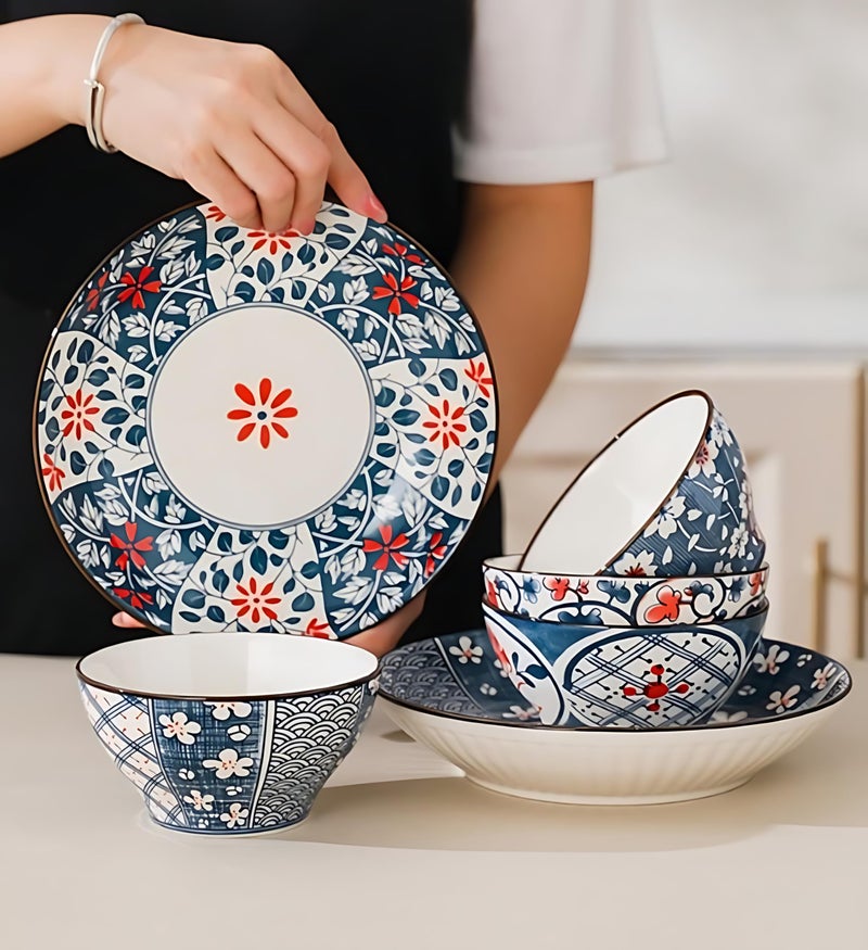 ONICORN 10 Piece Ceramic Dinnerware Set-Colorful Flower Porcelain Plates,Bowls & Spoons Tableware Sets-Ideal for Soup,Pasta,Salad and Dal Rice-Beautiful Gift Box,Dinner Set-E,Multicolor - Image 2