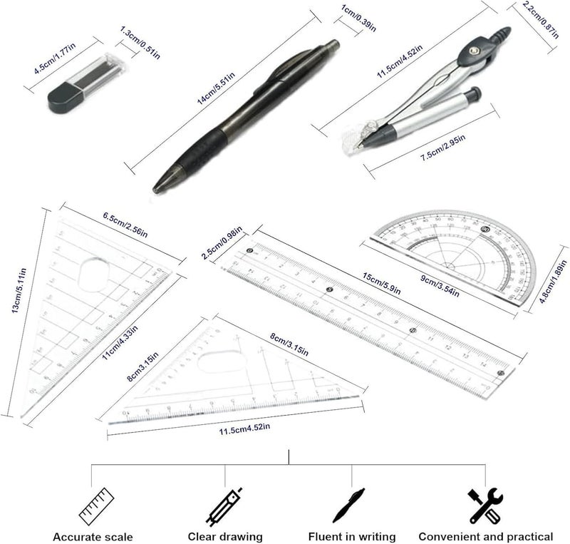 BEANPRECOY 8 Pcs Compass Rulers Set ，Geometry Compass Sets ，Geometry Kit ， Math Geometry Set of student supplies ，for Drawing, Measurement, Mathematical Model, Learning Tool (8) - Image 2