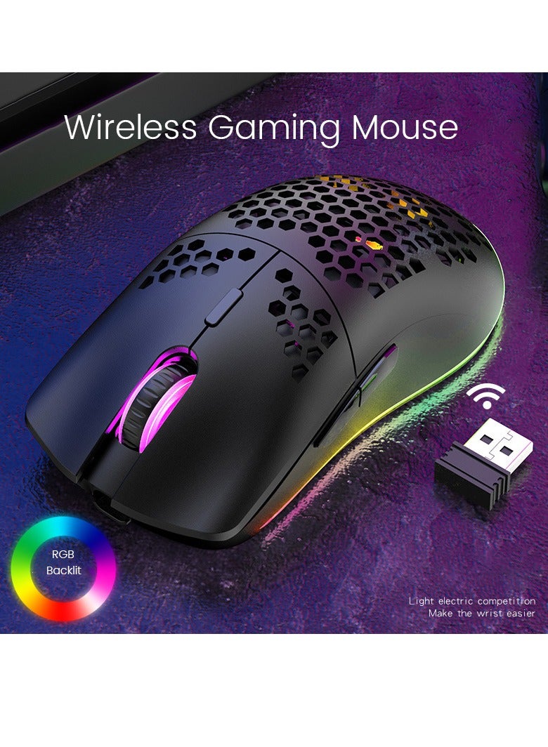 XUNFOX Wireless Gaming Mouse, Honeycomb Hollow Design Ergonomic Wireless Mouse with Backlight, 6 Buttons 4 Speed Adjustable DPI Computer Mouse Rechargeable RGB Gaming Wireless Mouse for Mac Laptop PC Black - Image 1