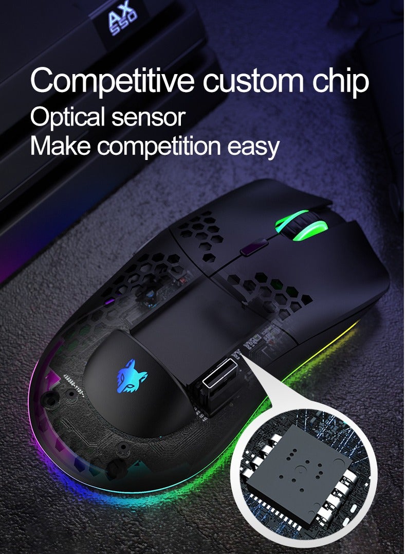 XUNFOX Wireless Gaming Mouse, Honeycomb Hollow Design Ergonomic Wireless Mouse with Backlight, 6 Buttons 4 Speed Adjustable DPI Computer Mouse Rechargeable RGB Gaming Wireless Mouse for Mac Laptop PC Black - Image 2