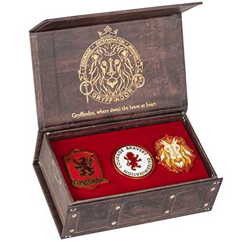 Harry Potter Gryffindor Enamel Pins, Set of 3 - In Hogwarts Trunk Storage Case Gift Box - Collectible Metal Button Accessory - Officially Licensed - Book & Movie for Kids, Boys, Girls, Teens - Image 1