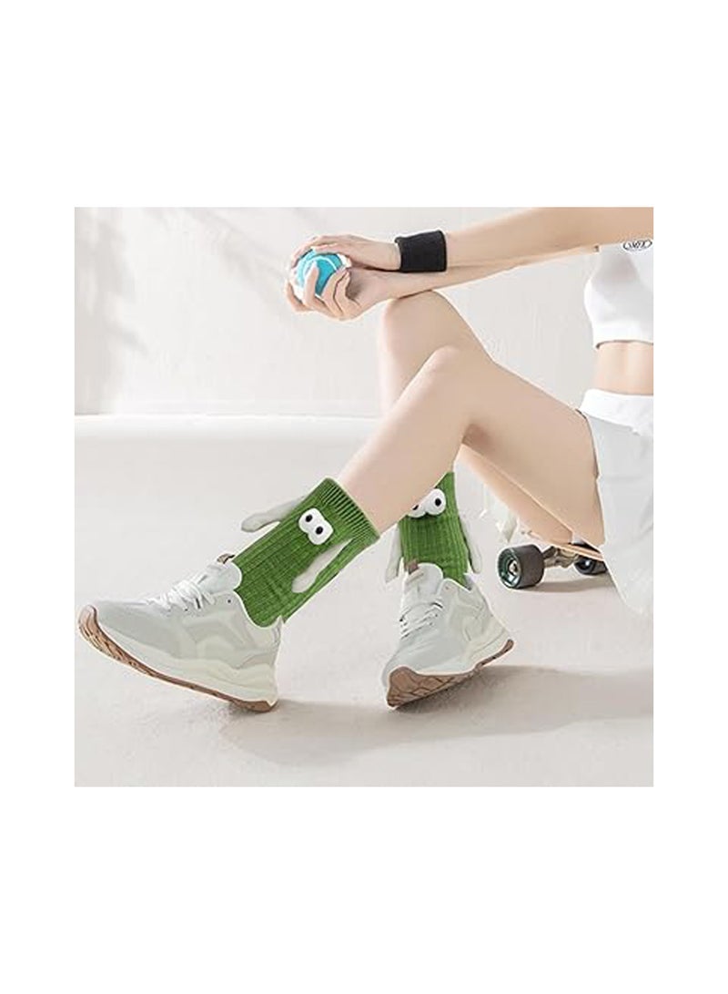 2 Pairs Children's Hand Holding Socks, Boy and Girl Mid-Calf Socks, Solid Color Cute Funny Student Sports Socks, 3D Doll Couple Sock, Funny Gift, Hand In Hand Socks, Magnetic Socks (Green, 26CM) - Image 2