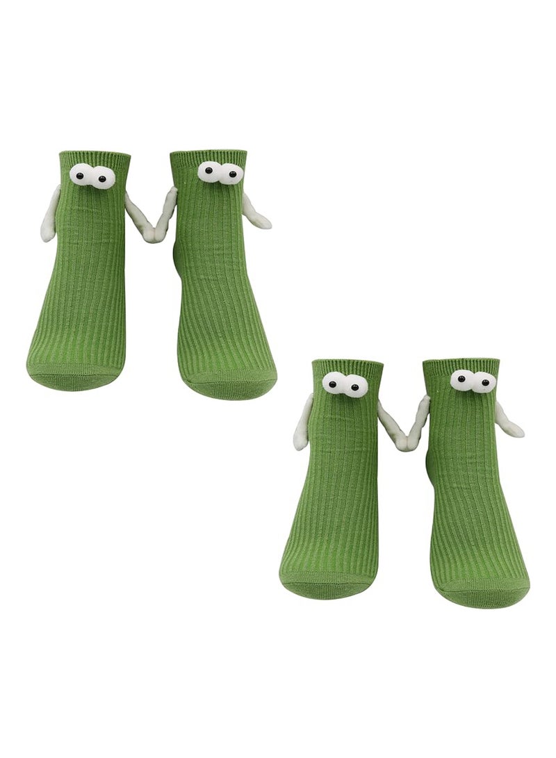 2 Pairs Children's Hand Holding Socks, Boy and Girl Mid-Calf Socks, Solid Color Cute Funny Student Sports Socks, 3D Doll Couple Sock, Funny Gift, Hand In Hand Socks, Magnetic Socks (Green, 26CM) - Image 1