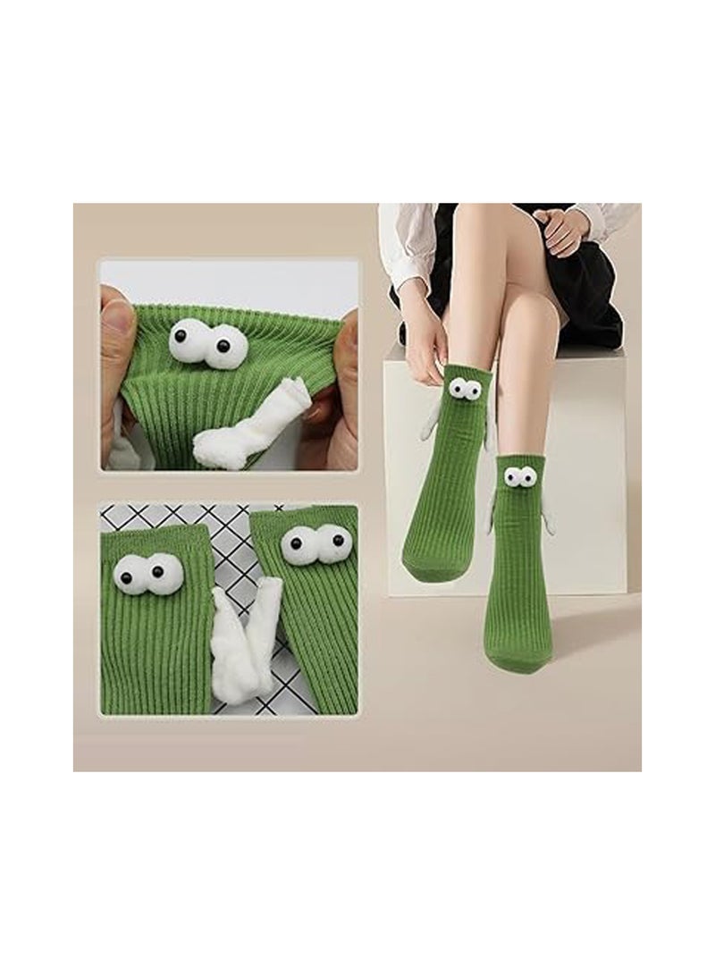 2 Pairs Children's Hand Holding Socks, Boy and Girl Mid-Calf Socks, Solid Color Cute Funny Student Sports Socks, 3D Doll Couple Sock, Funny Gift, Hand In Hand Socks, Magnetic Socks (Green, 26CM) - Image 3