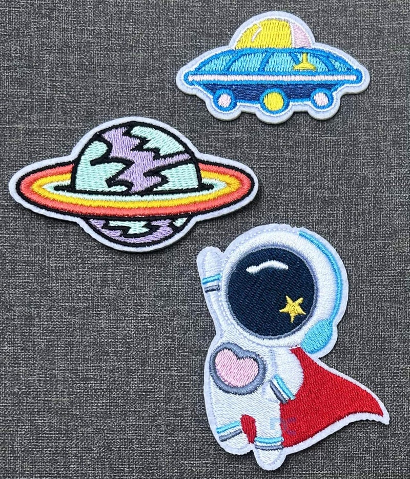 Daily Crafts Daily Crafts 3 pcs Space Themed Iron on Patches Embroidered Applique Patches Stickers Assorted Sew on Repair Patches and Badges Planet Spaceship and Superhero Astronaut
