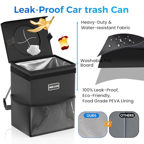 Beicarin Car Trash Can with Lid - Trash Bag Hanging with Storage Pockets Leak-Proof Organizer Collapsible and Portable Waterproof Garbage Bin, 2.2 Gallons Multipurpose Trash Bin for Car - Image 4
