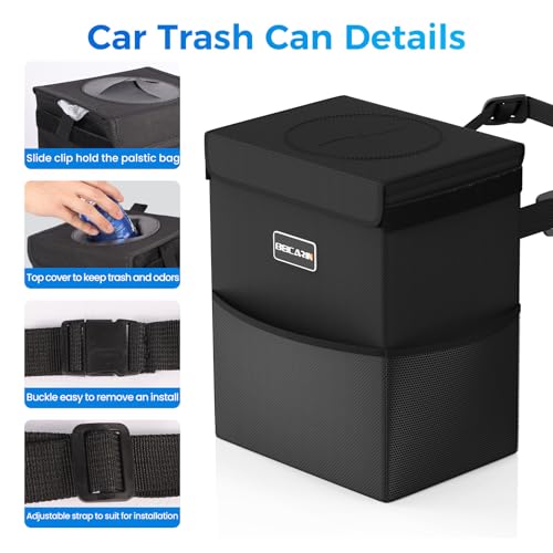 Beicarin Car Trash Can with Lid - Trash Bag Hanging with Storage Pockets Leak-Proof Organizer Collapsible and Portable Waterproof Garbage Bin, 2.2 Gallons Multipurpose Trash Bin for Car - Image 3