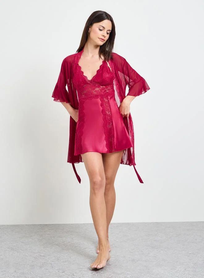 Take Two Burgundy Lace Trim Slip And Robe Set