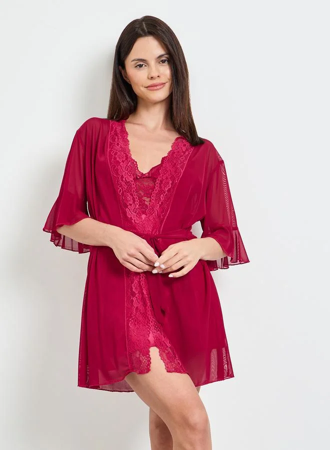 Take Two Burgundy Lace Trim Slip And Robe Set