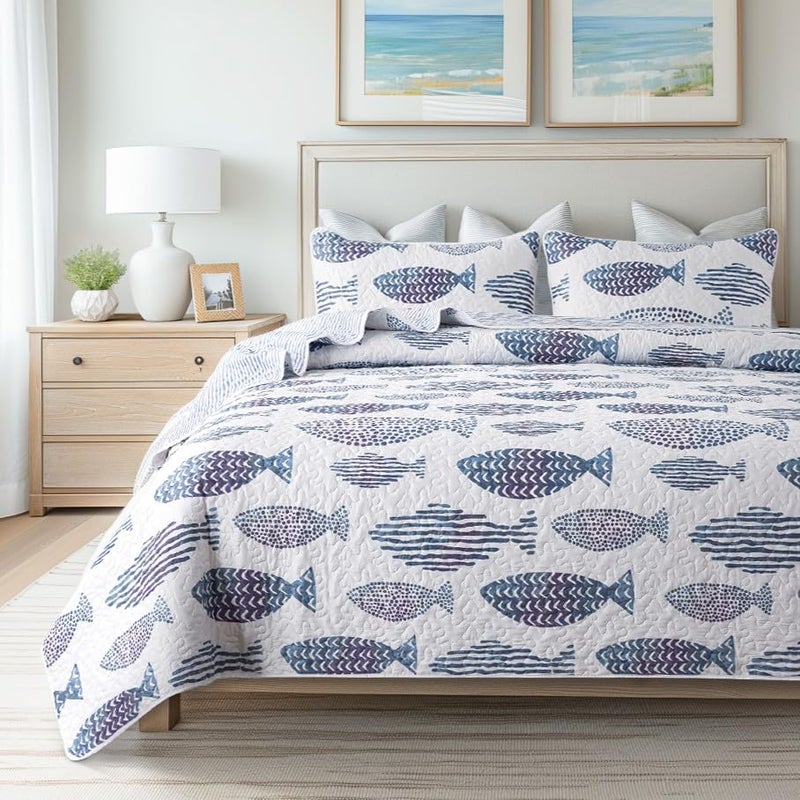 SLPR Sea of Dreams 3-Piece Quilt Set - Queen Size with 2 Shams, Blue and White Ocean-Inspired Bedding Set, Nautical Fish Design, Lake Themed Coastal Quilted Bedspread for Modern Maritime Decor - Image 1
