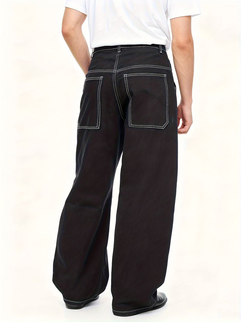 of American Retro Open Line Design Black Ultra Baggy Men's Jeans Can Be Worn at Work and Shopping (). - Image 3