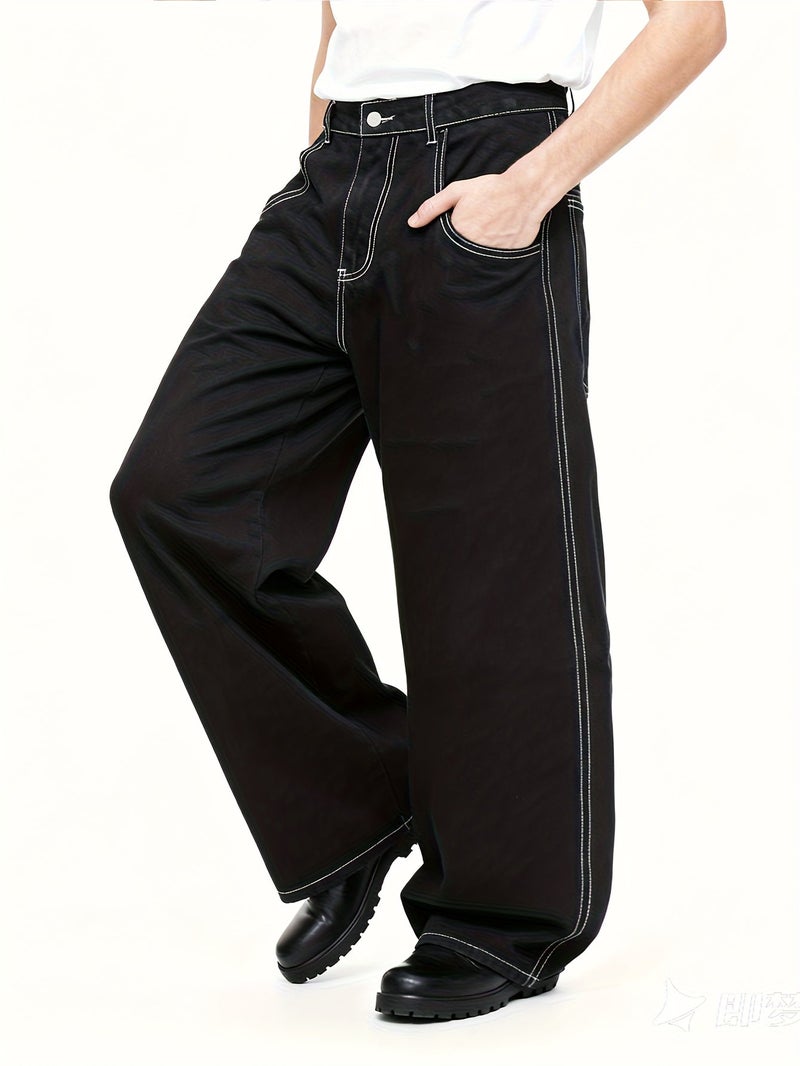 of American Retro Open Line Design Black Ultra Baggy Men's Jeans Can Be Worn at Work and Shopping (). - Image 4