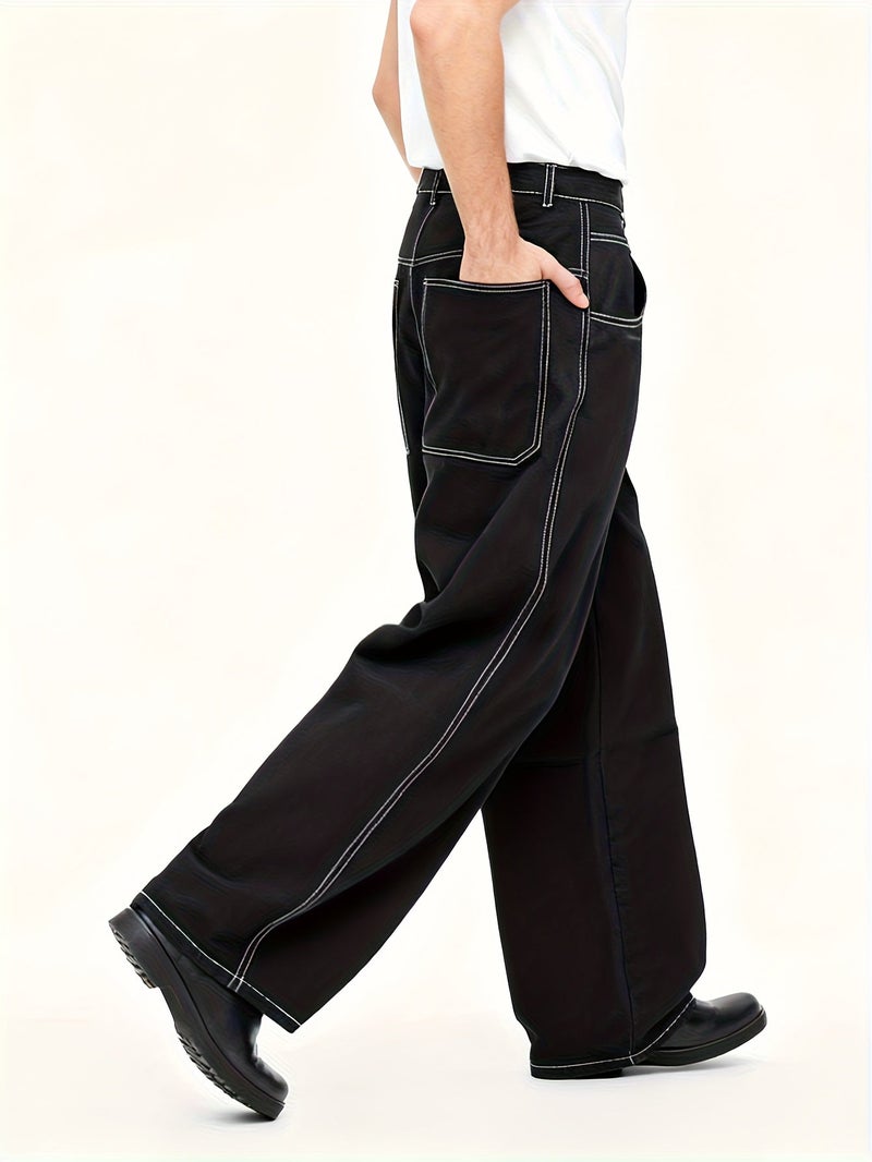 of American Retro Open Line Design Black Ultra Baggy Men's Jeans Can Be Worn at Work and Shopping (). - Image 5