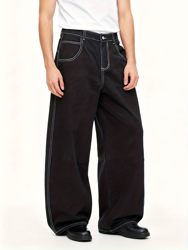 of American Retro Open Line Design Black Ultra Baggy Men's Jeans Can Be Worn at Work and Shopping (). - Image 2