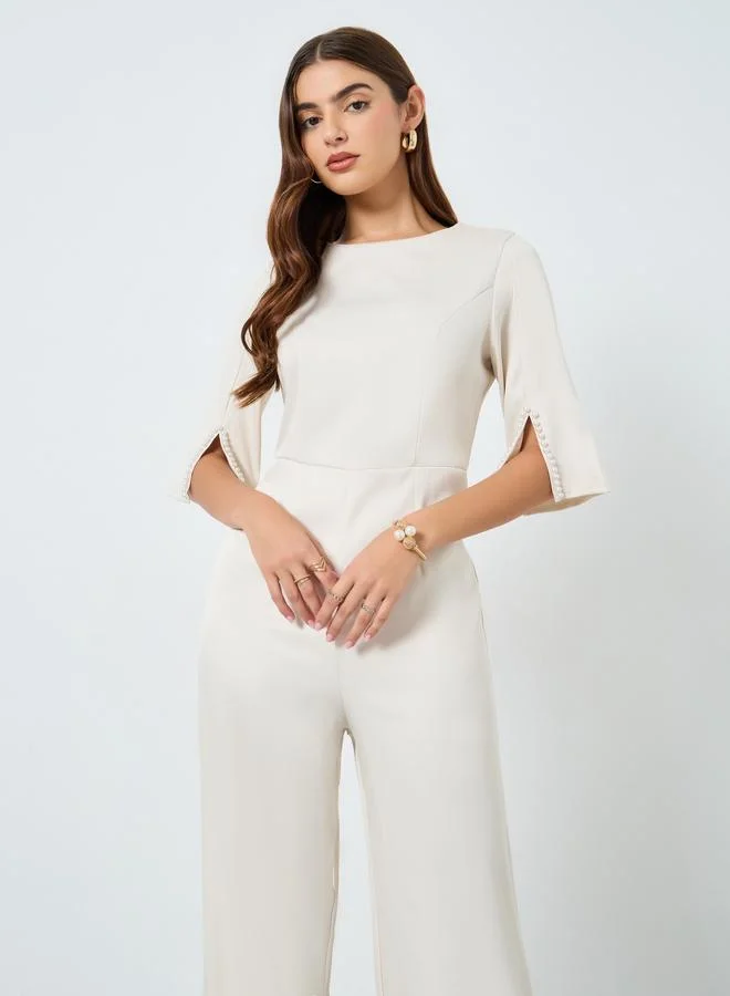 Take Two Solid Slit Sleeve Fitted Waist Jumpsuit
