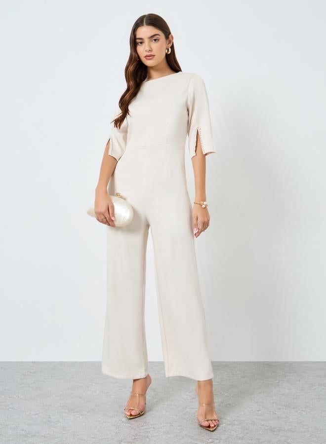 تايك تو جمبسوت سادة بأكمام مفتوحة وخصر ضيق - Image 1