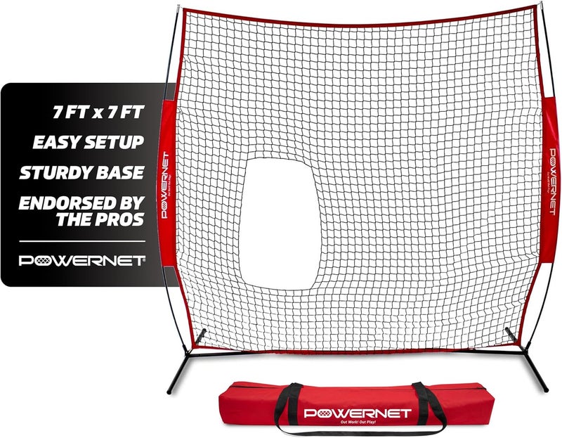 PowerNet 7x7 FT Pitch-Thru Protection Pitching Screen for Softball, 49 Sq Ft Barrier Net Only or Net + Frame, Portable Pitching & Batting Practice Net, Open Area in Net for Ball to Pass Through - Image 1