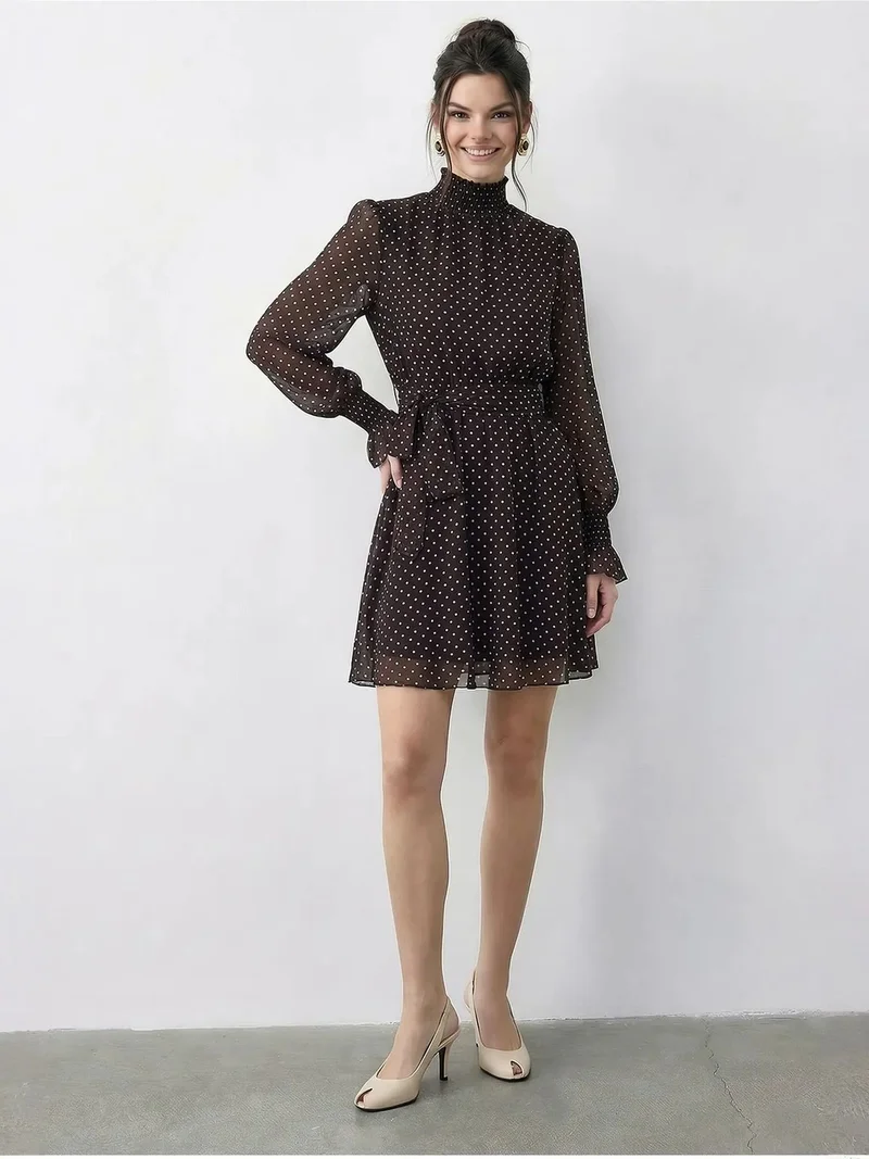 Bianco Lucci LUCCI Polka Dot Half Turtleneck Mini Dress with Belt