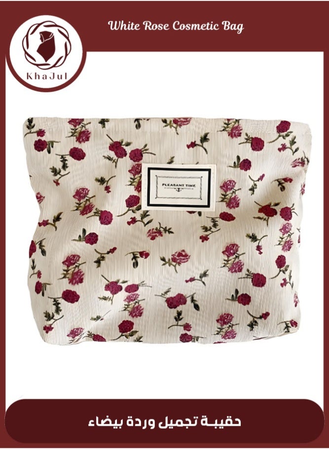 خاجول حقيبة تجميل بيضاء كبيرة السعة، حقيبة مكياج سفر ناعمة بتصميم أزهار سداسية الشكل، منظم لوازم أنيق للنساء، فكرة هدية مميزة - Image 1