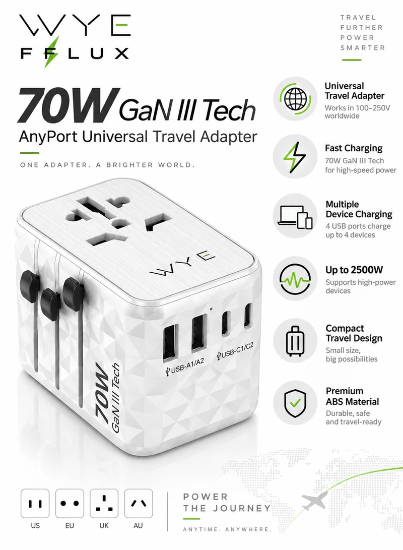 واي محول سفر عالمي بقوة 70 واط بتقنية GaN III، شاحن سريع مع منافذ USB-C وUSB-A، محول مقابس دولي لأوروبا وأمريكا وبريطانيا وأستراليا، لشحن اللابتوب والهاتف والتابلت
