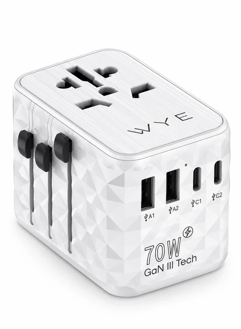 واي محول سفر عالمي بقوة 70 واط بتقنية GaN III، شاحن سريع مع منافذ USB-C وUSB-A، محول مقابس دولي لأوروبا وأمريكا وبريطانيا وأستراليا، لشحن اللابتوب والهاتف والتابلت