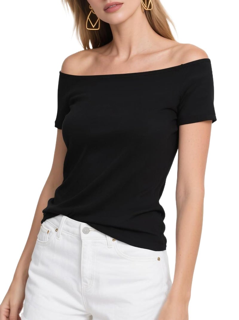 Fuinloth Women's Off Shoulder Tops, One Shoulder Shirts, Short Sleeves Sexy Slim Fit Tees Black Large - Image 1