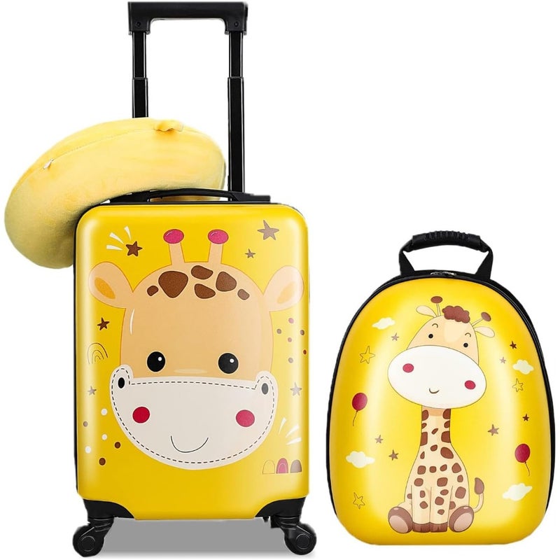 3Pcs Luggage Set, 18 Inch Travel Suitcase, Cartoon Rolling Luggages, Child Trolley Bag with 14-Inch Backpack, U-Shaped Pillow, Wheels and Telescopic Handle Yellow - Image 1