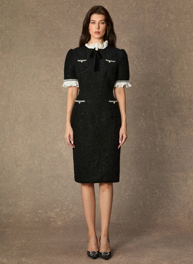 سنفير Precious And Perfect Velvet Bow Ruffled Midi Dress