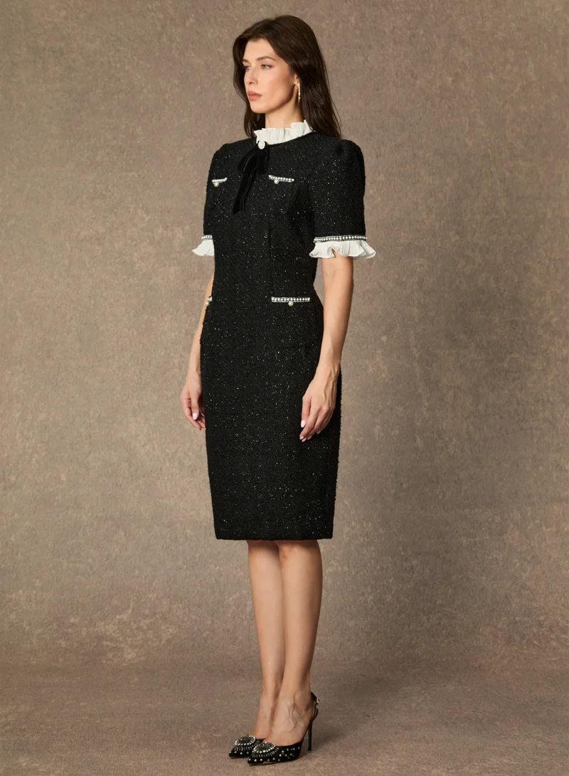 سنفير Precious And Perfect Velvet Bow Ruffled Midi Dress