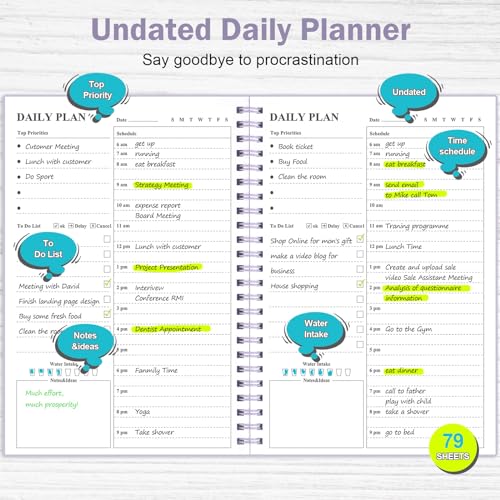 Asten Daily Planner Notebook Undated To Do List with Hourly Schedules Spiral Binding Appointment Planner for Men Women ADHDFriendly Purple 83 x 58 - Image 3