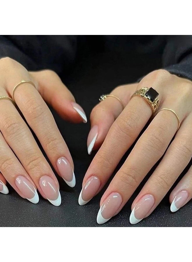 THEMIDI. French Tip Press On Nails Almond Shape Nude Pink with White Tips Glossy Artificial Nails Set Full Cover Fake Nails Reusable Stick On Nails Soft Gel Acrylic Nail Kit Elegant Minimalist Nails For Women Daily Wear Office Wedding Eid Party Salon Style Long Lasting Damage Free Nails - Image 2