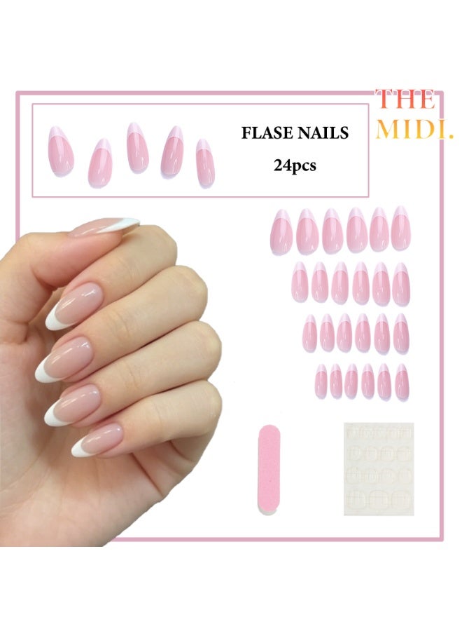 THEMIDI. French Tip Press On Nails Almond Shape Nude Pink with White Tips Glossy Artificial Nails Set Full Cover Fake Nails Reusable Stick On Nails Soft Gel Acrylic Nail Kit Elegant Minimalist Nails For Women Daily Wear Office Wedding Eid Party Salon Style Long Lasting Damage Free Nails - Image 4