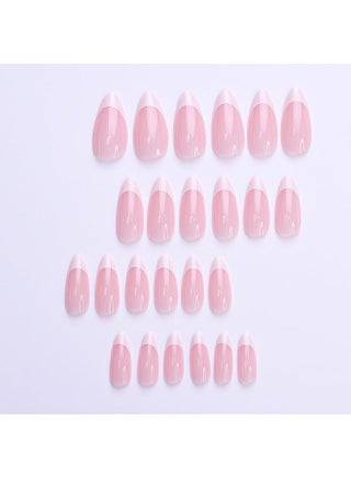 French Tip Press On Nails Almond Shape Nude Pink with White Tips Glossy Artificial Nails Set Full Cover Fake Nails Reusable Stick On Nails Soft Gel Acrylic Nail Kit Elegant Minimalist Nails For Women Daily Wear Office Wedding Eid Party Salon Style Long Lasting Damage Free Nails - view 3
