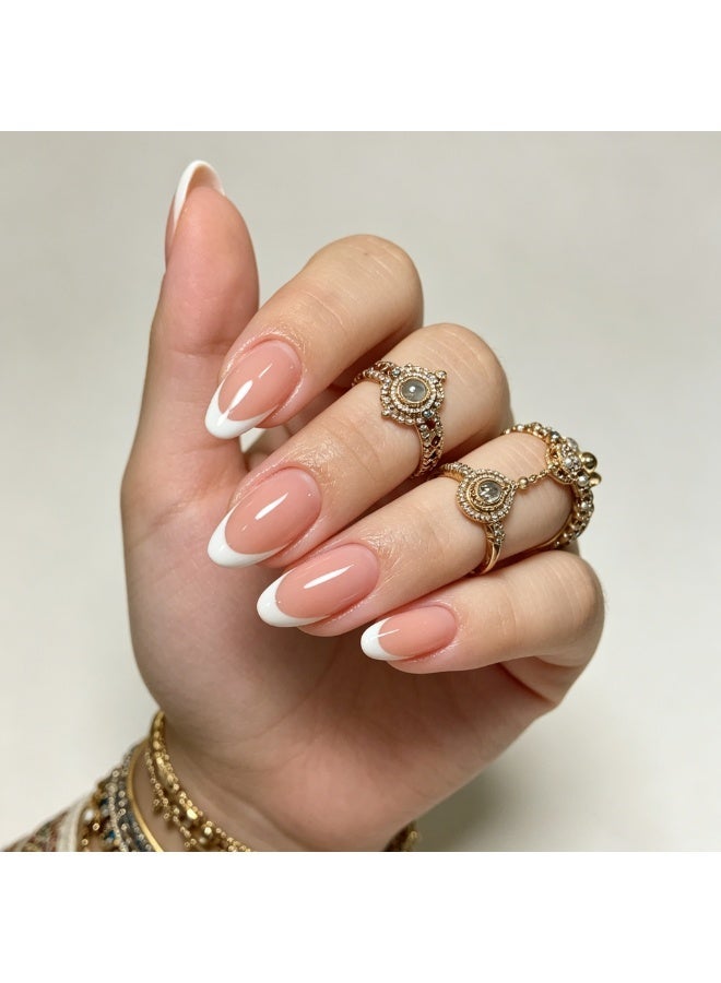 THEMIDI. French Tip Press On Nails Almond Shape Nude Pink with White Tips Glossy Artificial Nails Set Full Cover Fake Nails Reusable Stick On Nails Soft Gel Acrylic Nail Kit Elegant Minimalist Nails For Women Daily Wear Office Wedding Eid Party Salon Style Long Lasting Damage Free Nails - Image 1