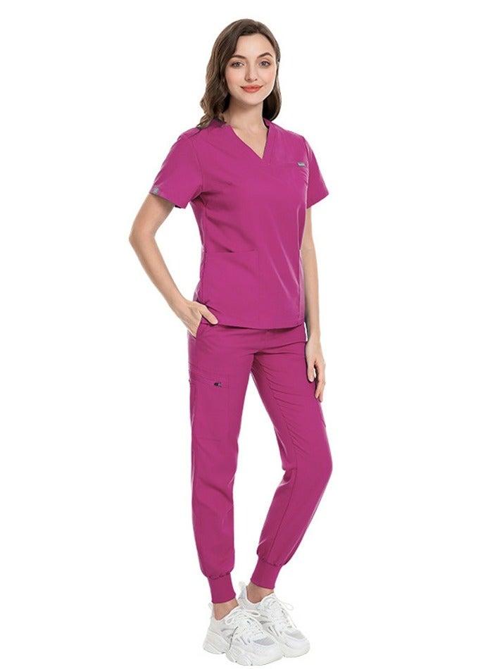 Loquat Medical Uniform Scrubs Set Medical Scrubs Solid Color 2 Piece Set Top and Pants Suit Rose Pink - Image 1