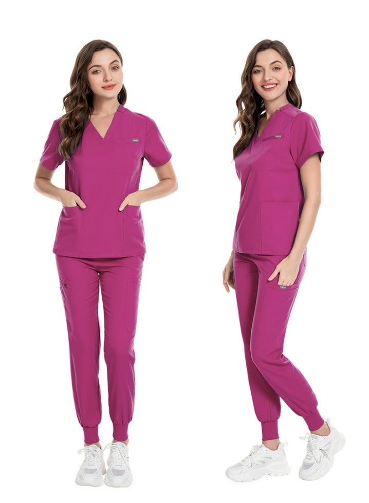 Loquat Medical Uniform Scrubs Set Medical Scrubs Solid Color 2 Piece Set Top and Pants Suit Rose Pink - Image 2