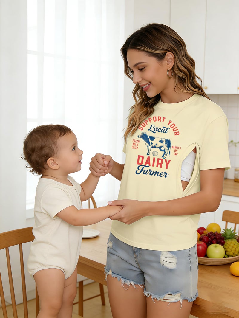 UNIQUEONE Comfort Breastfeeding Shirts for Women Zip Nursing Tops Casual Distressed Acid Washed Maternity Tees Apricot - Image 2