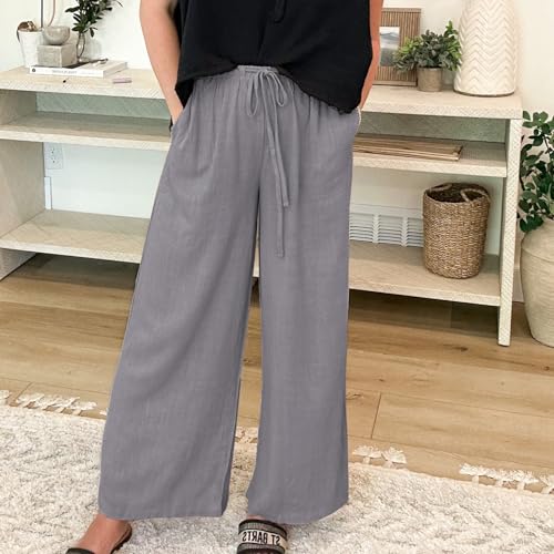 Duyang Womens Cotton Linen Palazzo Pants Drawstring Elastic Waist Casual Wide Leg Trousers with Pockets(Gray,XL) - Image 3