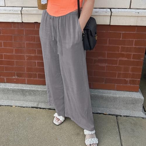 Duyang Womens Cotton Linen Palazzo Pants Drawstring Elastic Waist Casual Wide Leg Trousers with Pockets(Gray,XL) - Image 4
