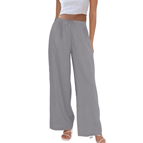 Duyang Womens Cotton Linen Palazzo Pants Drawstring Elastic Waist Casual Wide Leg Trousers with Pockets(Gray,XL) - Image 1