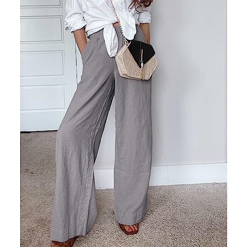 Duyang Womens Cotton Linen Palazzo Pants Drawstring Elastic Waist Casual Wide Leg Trousers with Pockets(Gray,XL) - Image 5