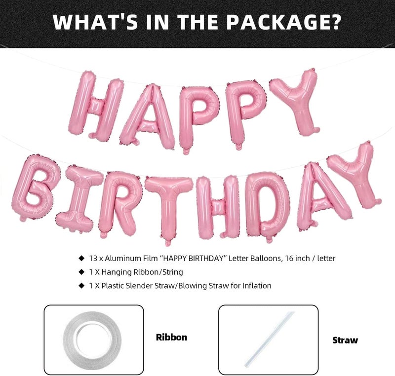 atorakushon Pink Happy Birthday Banner Foil Letters Balloons Happy Birthday Decoration For Boys Girls Boyfriend Girlfriend Husband Kids Celebrations Bunting Tags Flag Decorative Items Decor - Image 4