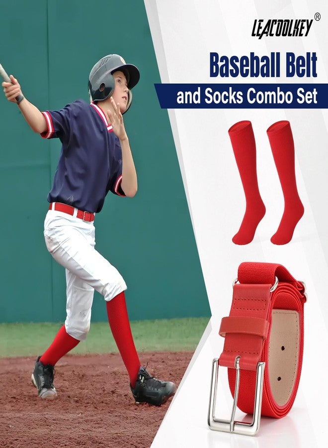 LEACOOLKEY Baseball Belt and Socks Combo Set Softball Socks and Elastic Belt for Adult Men Women Red - Image 2