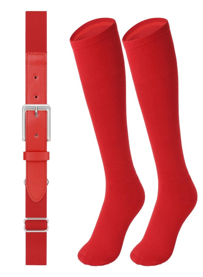 LEACOOLKEY Baseball Belt and Socks Combo Set Softball Socks and Elastic Belt for Adult Men Women Red - Image 1